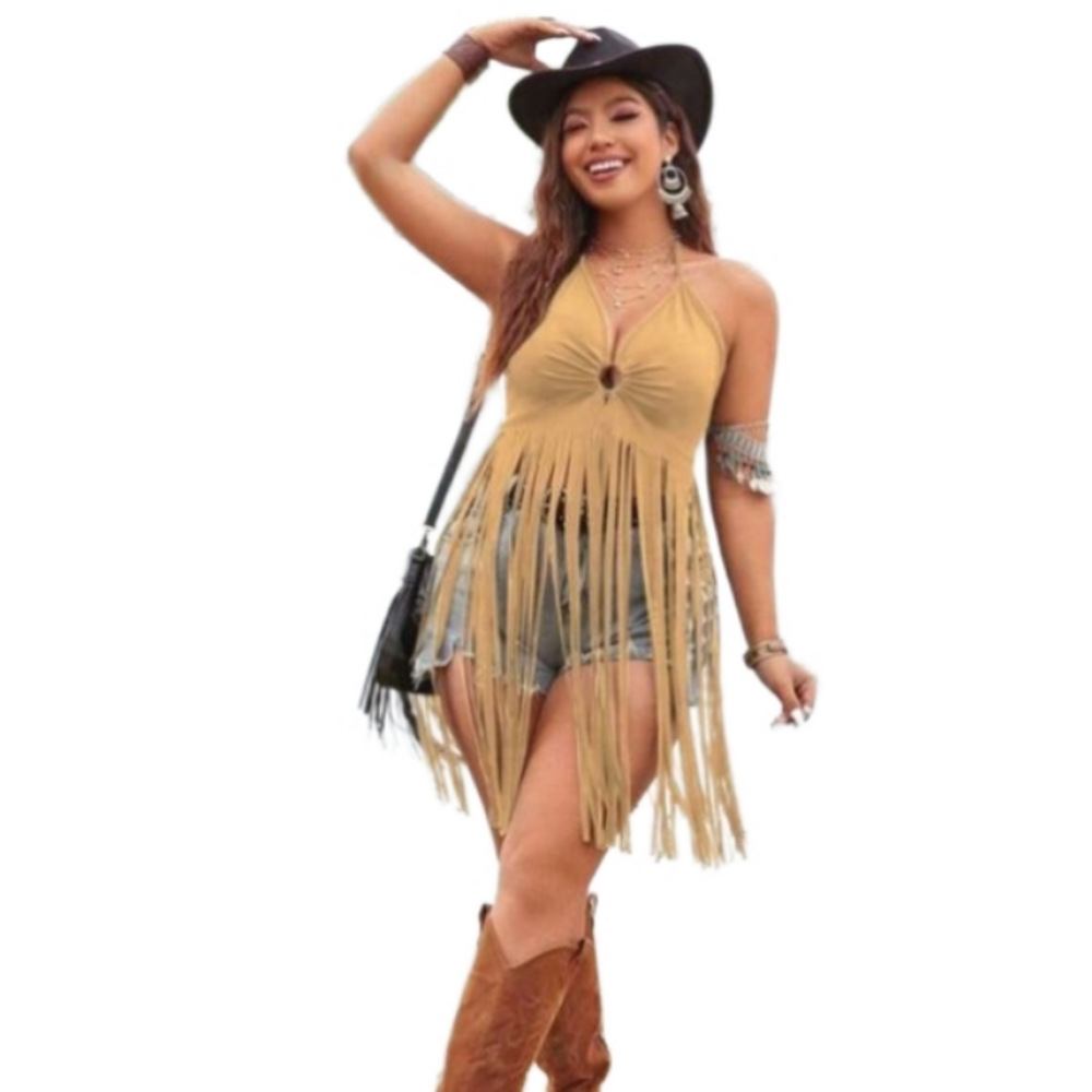 Vintage Sexy Plus Size Halter Nude Tan Western Fringe Blouse Sz 20/4x
